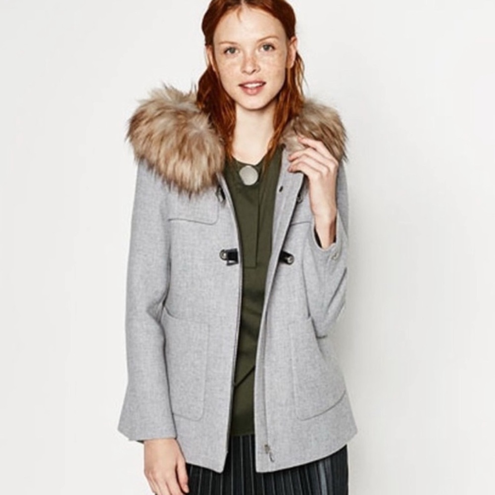 Zara Women's Gray Fur-Trimmed Wool Blend Coat Size Small
